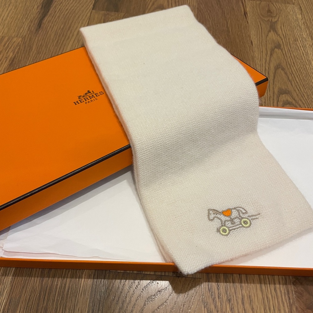 Hermès White Scarf with Embroidered Horse